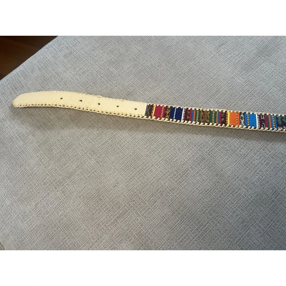 Woven Stripe Belt Womens 32 Multicolor Fabric Trim Faux Leather Boho Western